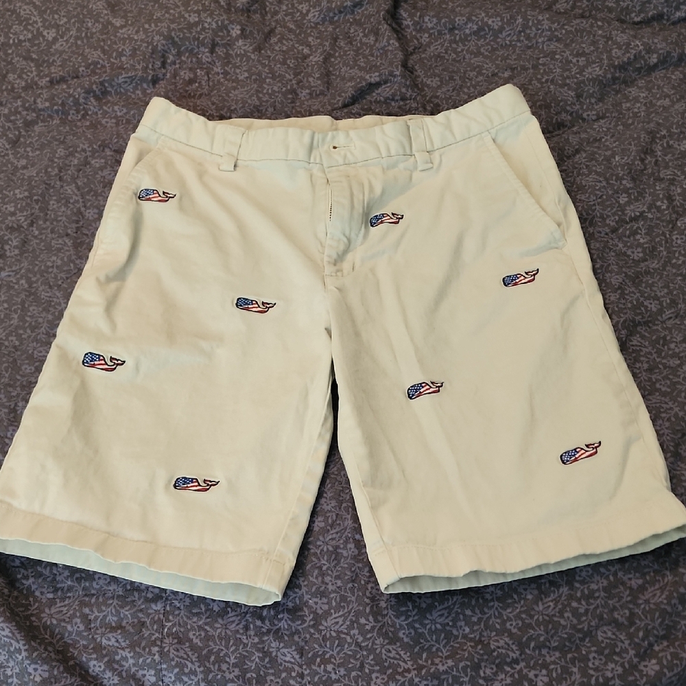 Vineyard Vines Boys Embroidered American Flag Whale Pattern Chino Shorts